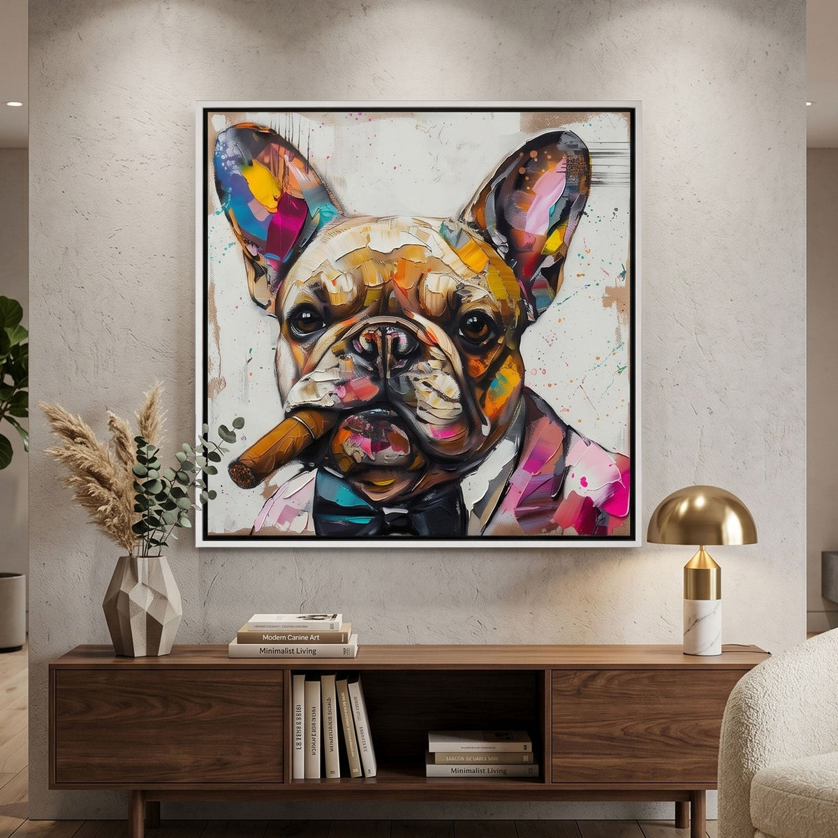 Colorful painting of a dog with a cigar on a concrete wall above a wooden table.