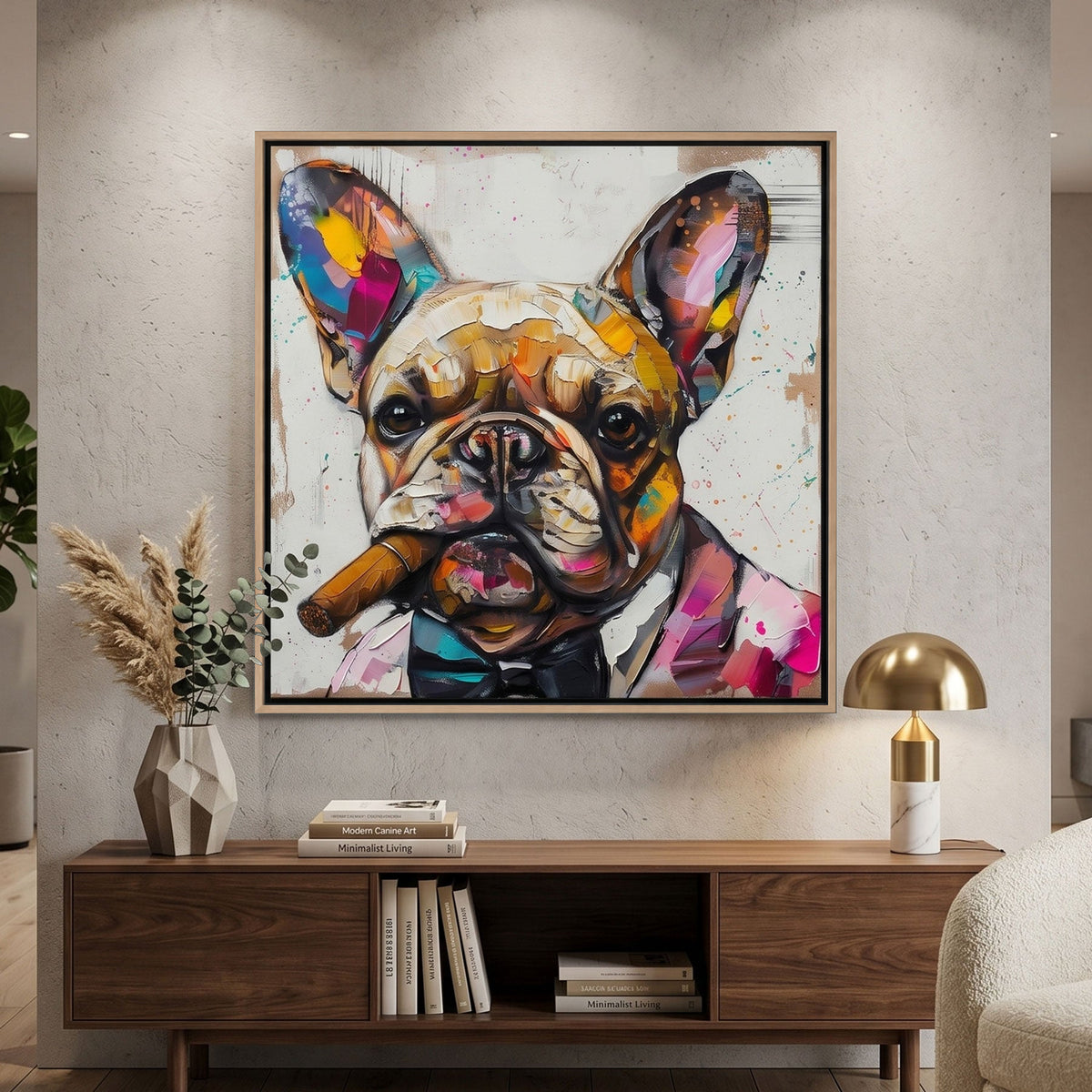Colorful painting of a dog with a cigar on a concrete wall above a wooden table.