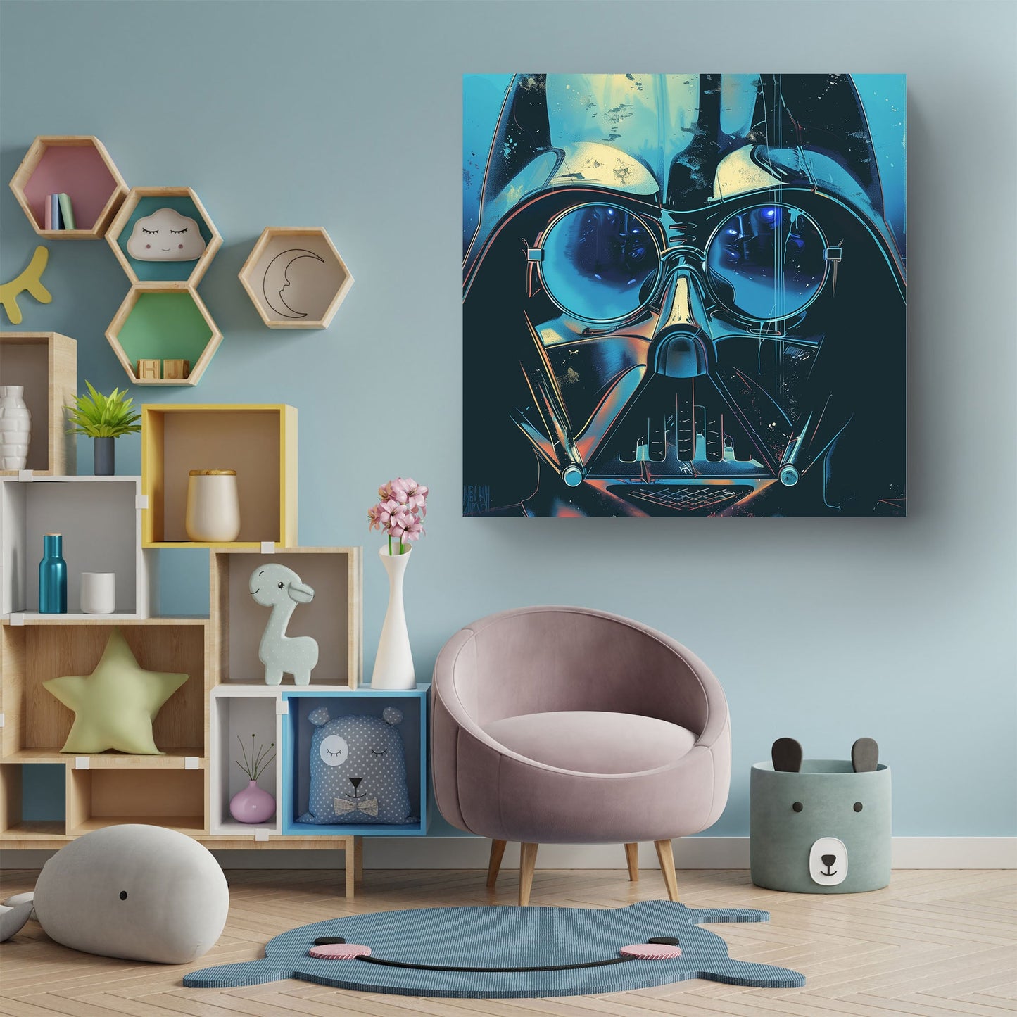 Neo-noir pop art portrait of Darth Vader of Star Wars, inspired by Roy Lichtenstein's style.