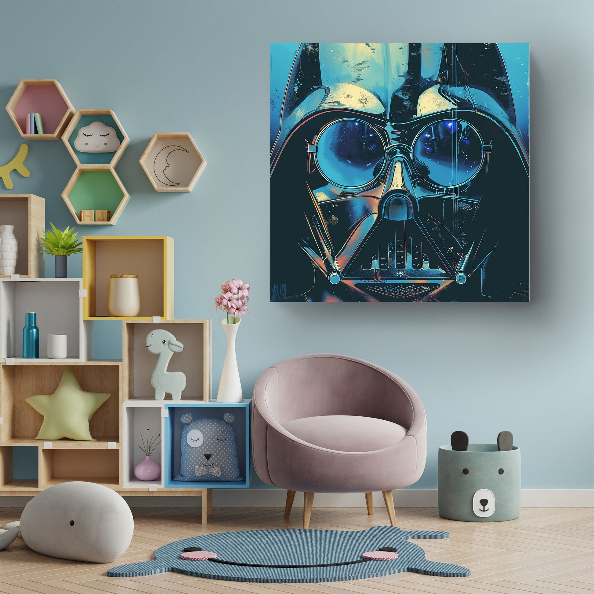 Neo-noir pop art portrait of Darth Vader of Star Wars, inspired by Roy Lichtenstein's style.