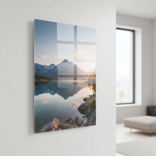 Vertical acrylic photo print of mountain landscape with a lake on a wall in a modern room.